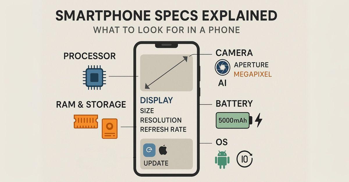 smartphone features such as battery, processor, and display.